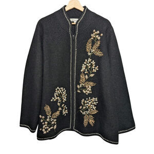 Coldwater Creek 2X Zip Up 100% Wool Cardigan Sweater Black Embroidered Floral